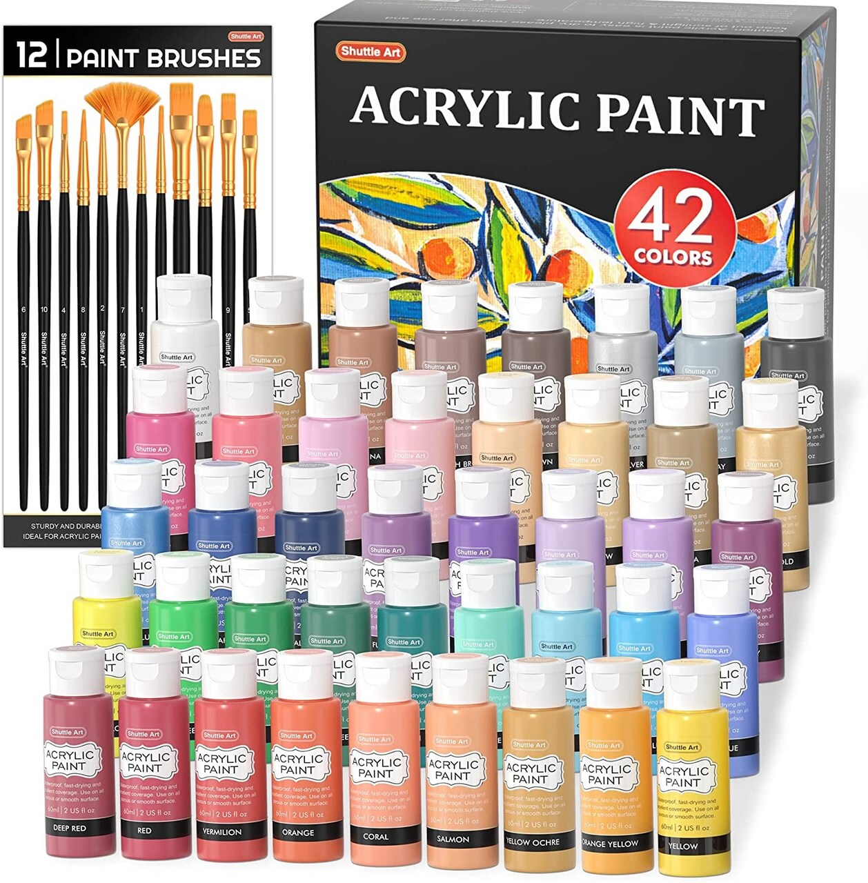 Acrylic Paint, 50 Colors Acrylic Paint Set, 2Oz/60Ml Bottles, Rich  Pigmented, Water Proof, Premium Acrylic Paints for Artists, Beginners and  Kids on Canvas Rocks Wood Ceramic Fabric